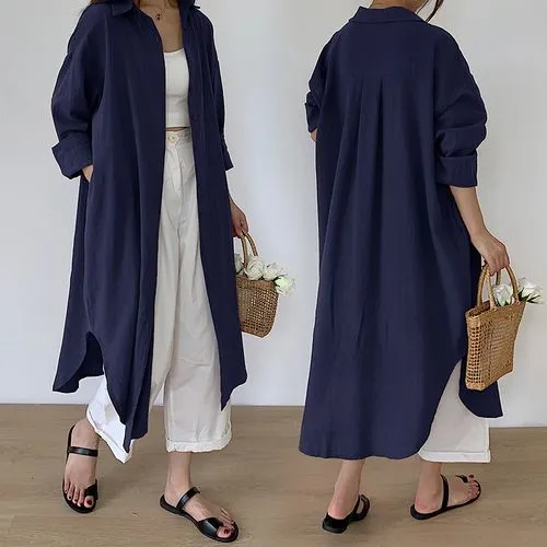 Women's Shirt Dress Casual Turndown Long Sleeve Solid Color Midi Dress Daily