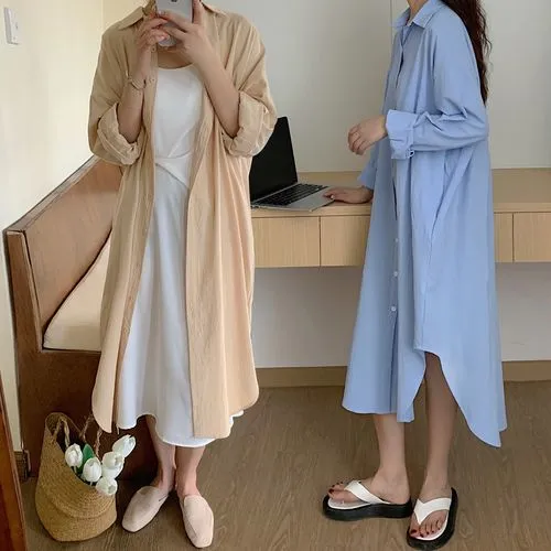 Women's Shirt Dress Casual Turndown Long Sleeve Solid Color Midi Dress Daily