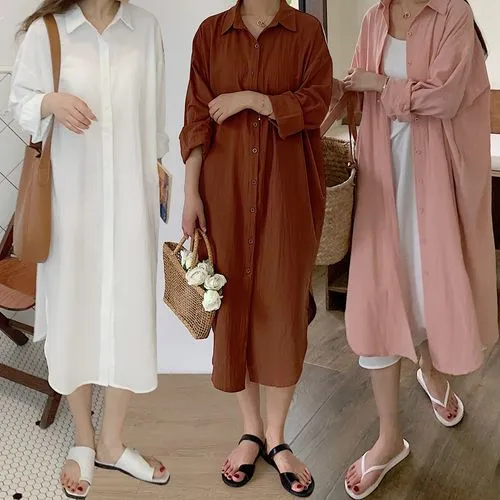 Women's Shirt Dress Casual Turndown Long Sleeve Solid Color Midi Dress Daily