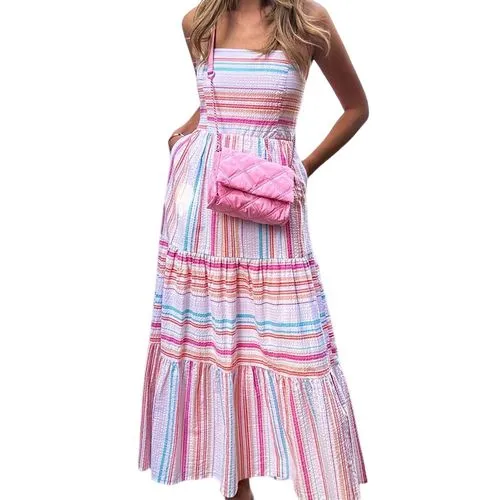 Women's Strap Dress Vacation Strapless Sleeveless Stripe Maxi Long Dress Holiday Daily