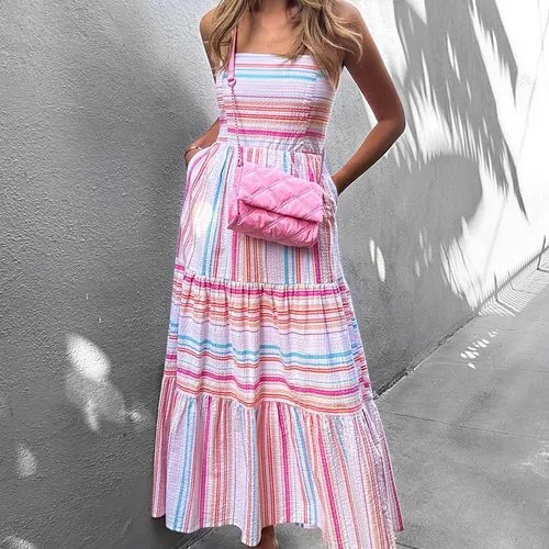 Women's Strap Dress Vacation Strapless Sleeveless Stripe Maxi Long Dress Holiday Daily