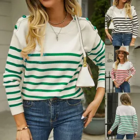 Women's Sweater Long Sleeve Sweaters & Cardigans Button Casual Stripe