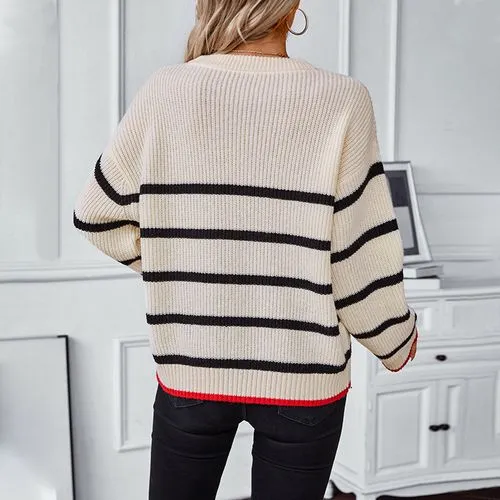 Women's Sweater Long Sleeve Sweaters & Cardigans Contrast Binding Preppy Style Streetwear Stripe