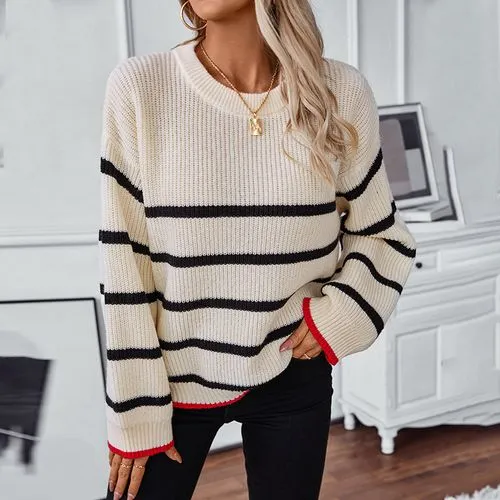 Women's Sweater Long Sleeve Sweaters & Cardigans Contrast Binding Preppy Style Streetwear Stripe