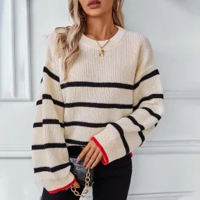 Women's Sweater Long Sleeve Sweaters & Cardigans Contrast Binding Preppy Style Streetwear Stripe