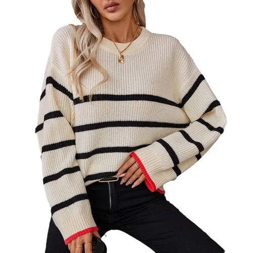 Women's Sweater Long Sleeve Sweaters & Cardigans Contrast Binding Preppy Style Streetwear Stripe