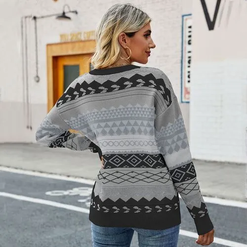 Women's Sweater Long Sleeve Sweaters & Cardigans Jacquard Contrast Binding Casual Vintage Style Geometric