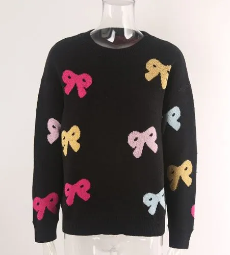 Women's Sweater Long Sleeve Sweaters & Cardigans Jacquard Contrast Binding Elegant Bow Knot