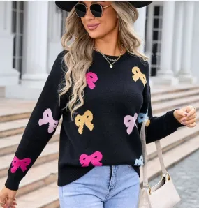 Women's Sweater Long Sleeve Sweaters & Cardigans Jacquard Contrast Binding Elegant Bow Knot