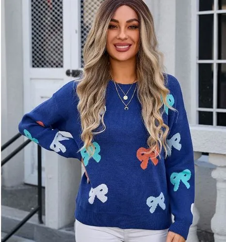 Women's Sweater Long Sleeve Sweaters & Cardigans Jacquard Contrast Binding Elegant Bow Knot