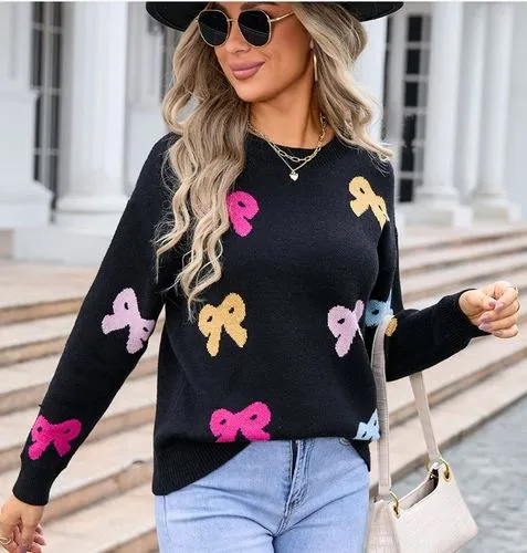 Women's Sweater Long Sleeve Sweaters & Cardigans Jacquard Contrast Binding Elegant Bow Knot