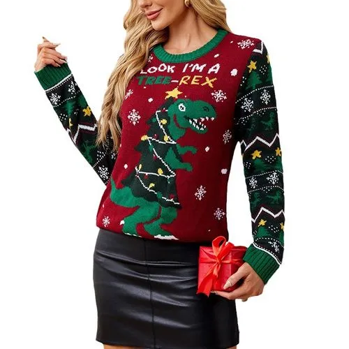 Women's Sweater Long Sleeve Sweaters & Cardigans Jacquard Contrast Binding Streetwear Christmas Tree Color Block