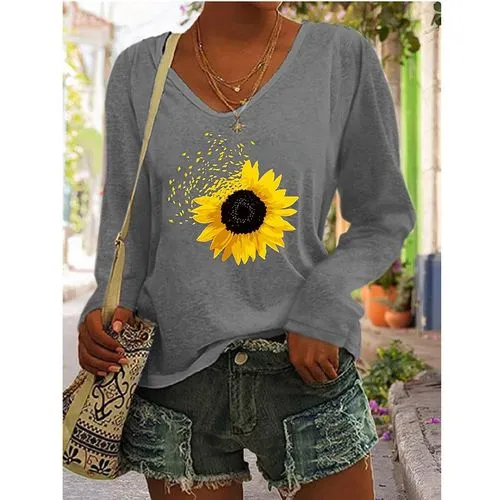 Women's T-shirt Long Sleeve T-shirts Casual Sunflower