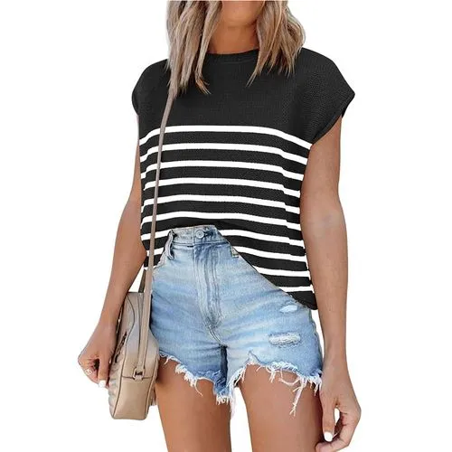 Women's T-shirt Sweater Short Sleeve Sweaters & Cardigans Contrast Binding Casual Stripe