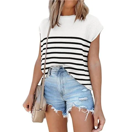 Women's T-shirt Sweater Short Sleeve Sweaters & Cardigans Contrast Binding Casual Stripe