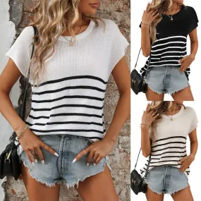 Women's T-shirt Sweater Short Sleeve Sweaters & Cardigans Contrast Binding Casual Stripe