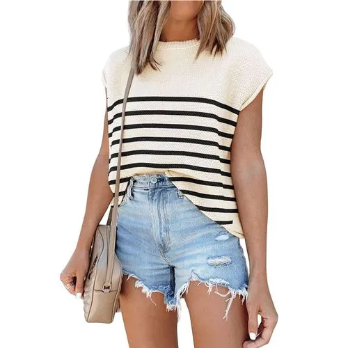 Women's T-shirt Sweater Short Sleeve Sweaters & Cardigans Contrast Binding Casual Stripe