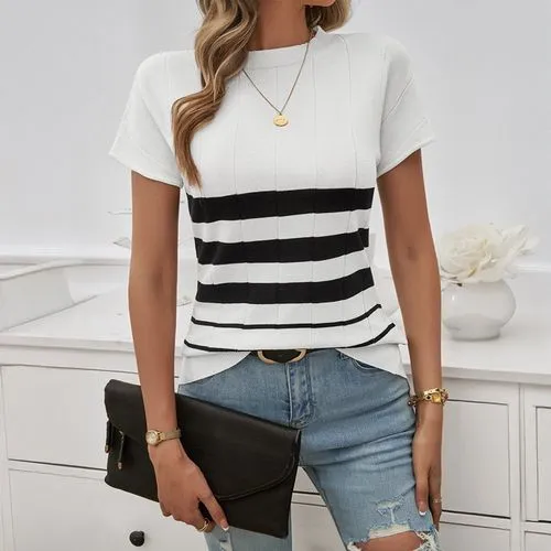 Women's T-shirt Sweater Short Sleeve Sweaters & Cardigans Contrast Binding Streetwear Stripe