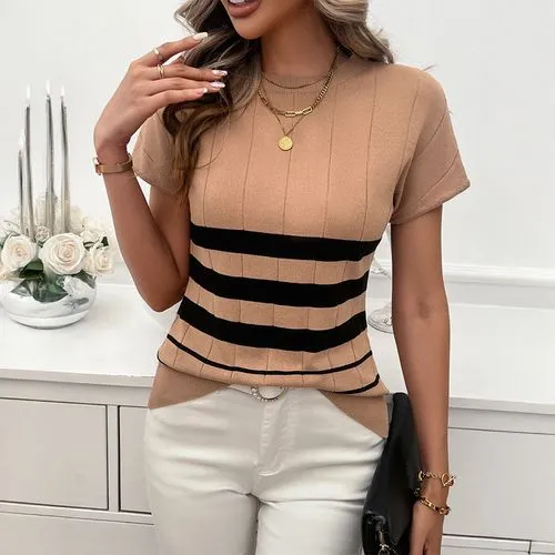 Women's T-shirt Sweater Short Sleeve Sweaters & Cardigans Contrast Binding Streetwear Stripe