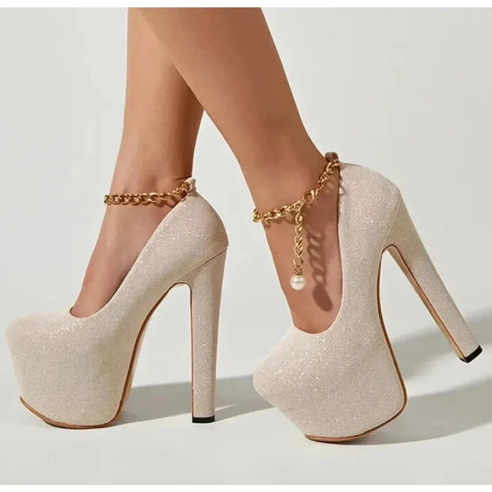 Women's Sequined Cloth Round Toe Chain Ankle Strap Platform Hi-Heel Pumps