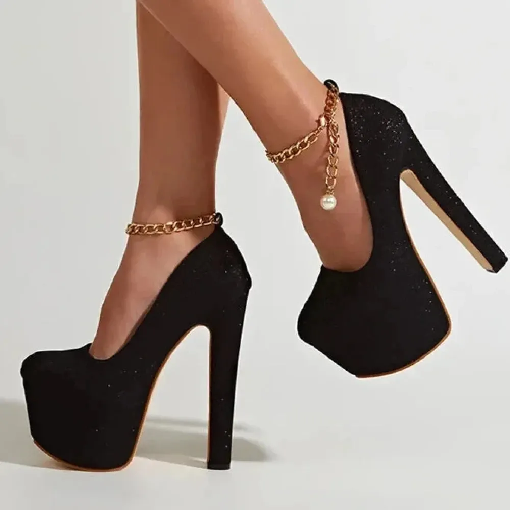 Women's Sequined Cloth Round Toe Chain Ankle Strap Platform Hi-Heel Pumps